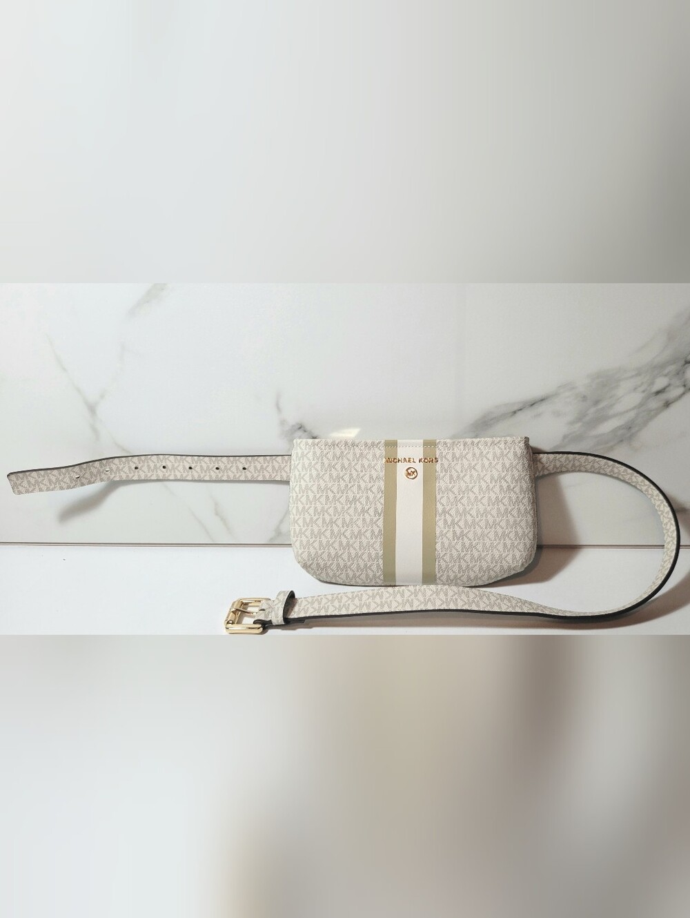 Michael Kors Logo Stripe Belt Bag Fanny Pack Ivory White Size S/M